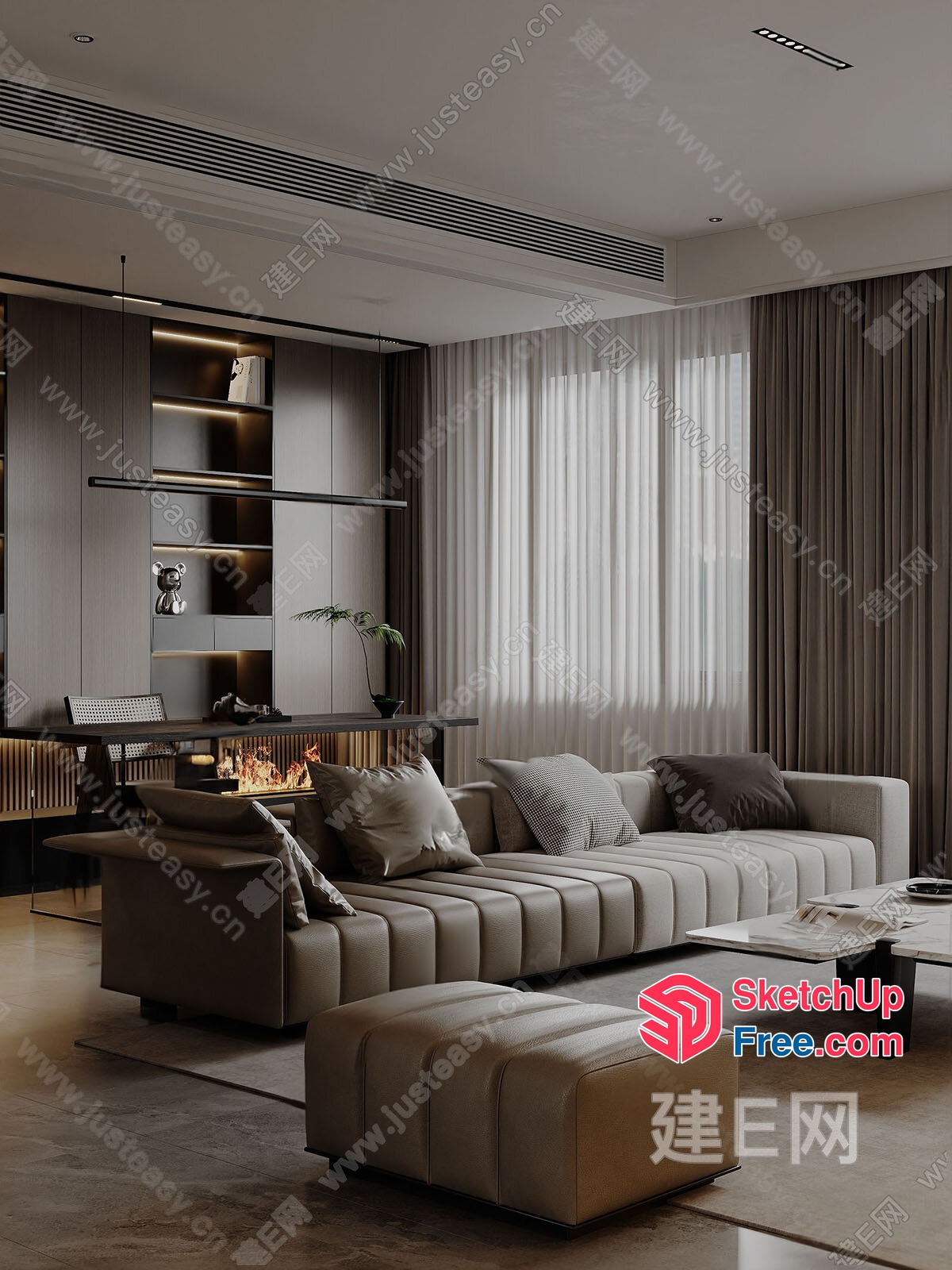 Modern Living Room With Sleek Furniture And Fireplace 3D SketchUp File