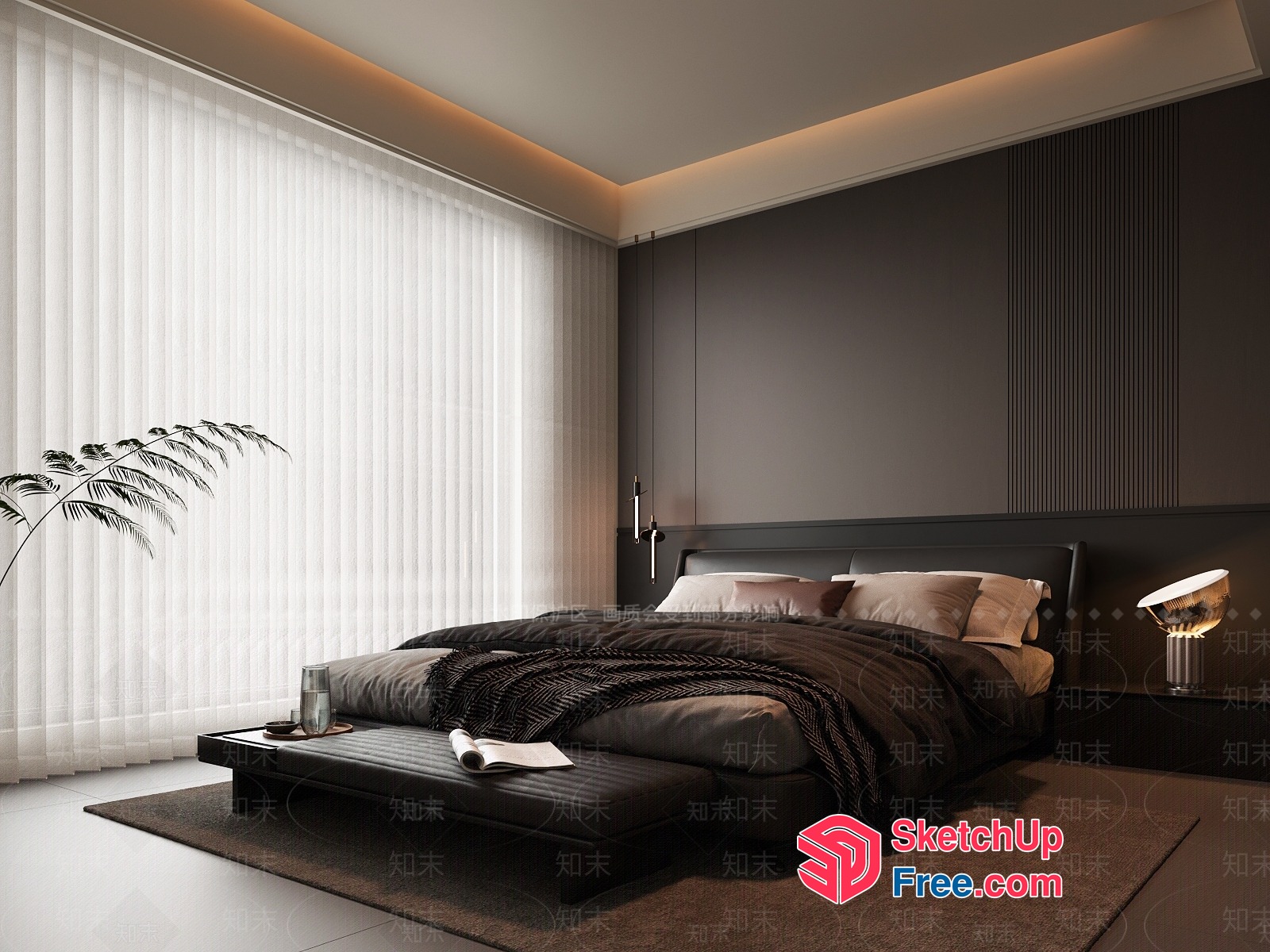 Modern Minimalist Bedroom With Dark Accent Wall 3D SketchUp File