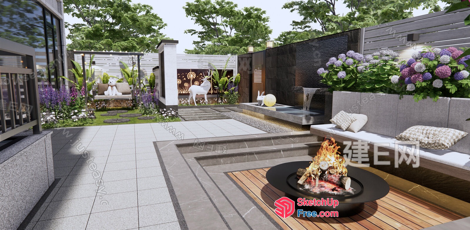 Modern Outdoor Living Space With Fire Pit And Water Feature 3D SketchUp File