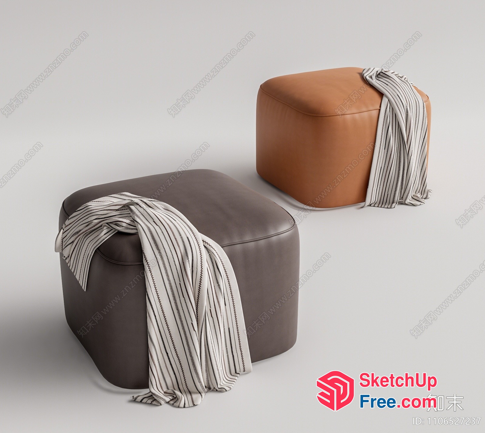 Two Leather Ottomans With Striped Throw Blankets 3D SketchUp File