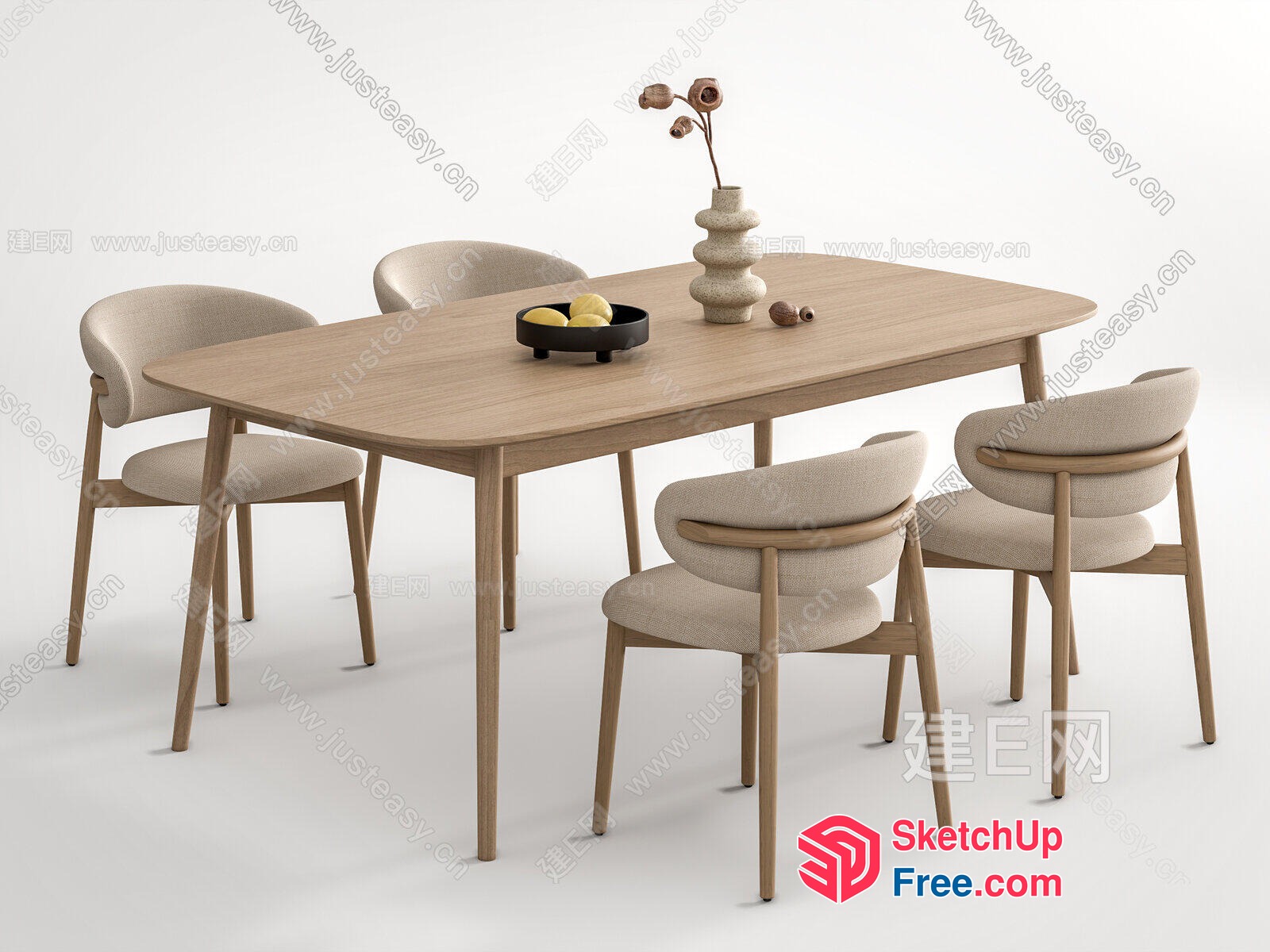 Modern Light Wood Dining Table And Chairs 3D SketchUp File
