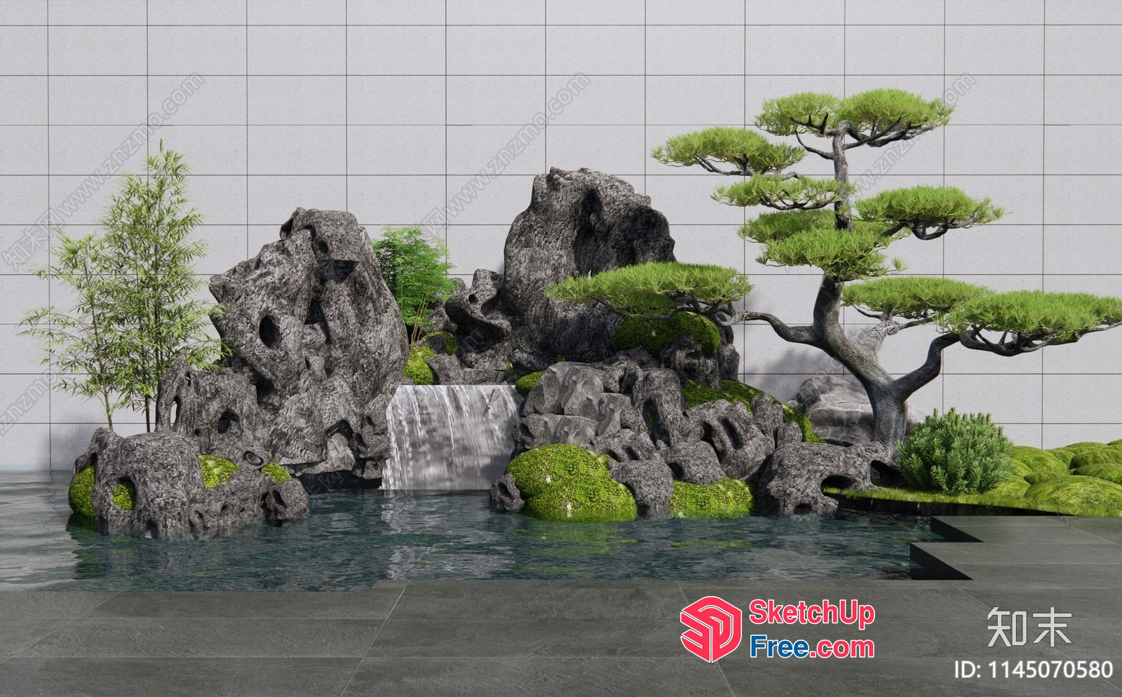 Serene Japanese Landscape With Waterfall And Trees 3D SketchUp File