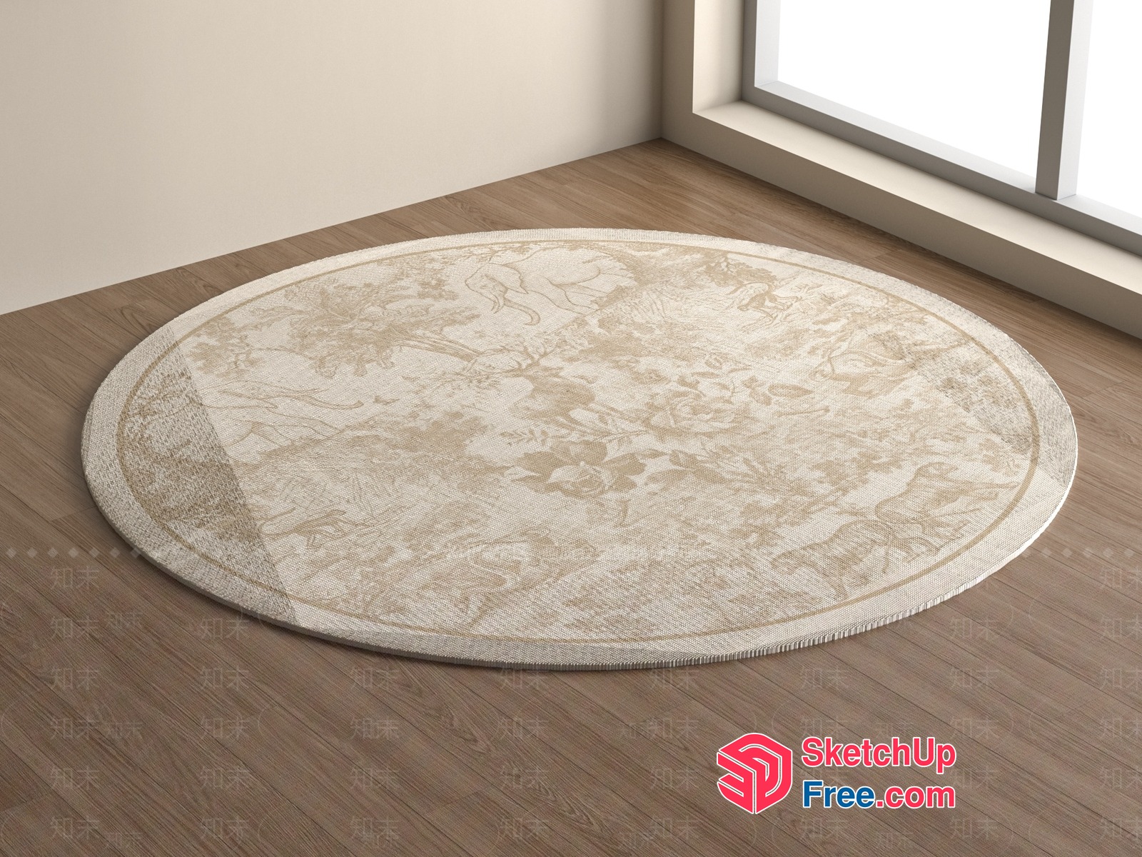 Elegant Cream And Gold Floral Patterned Round Rug 3D SketchUp File