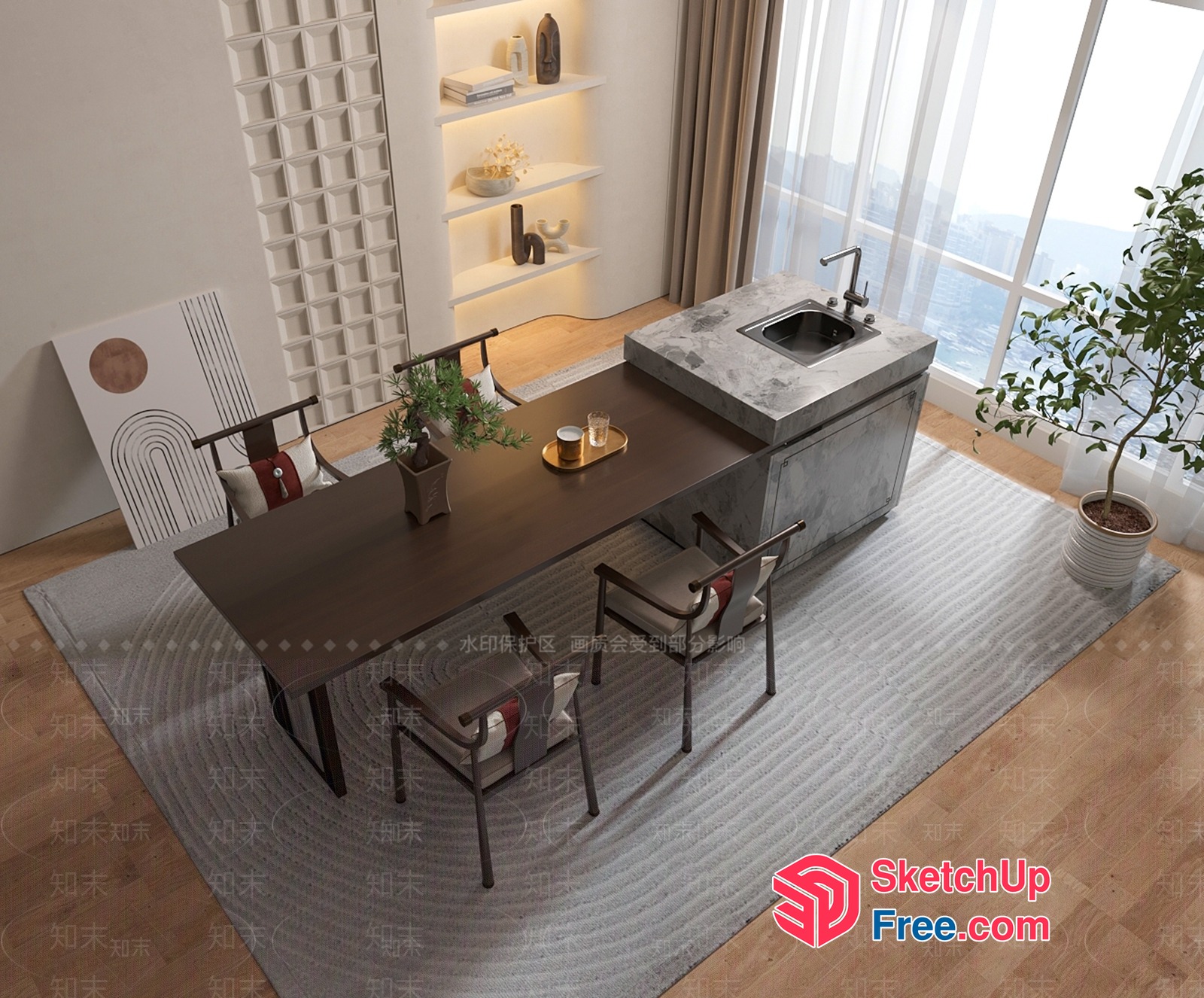Modern Dining Room With Wooden Table And Chairs 3D SketchUp File
