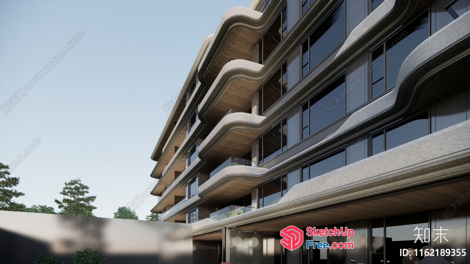 Modern Apartment Building With Glass Curtain Wall And Railing 3D SketchUp File