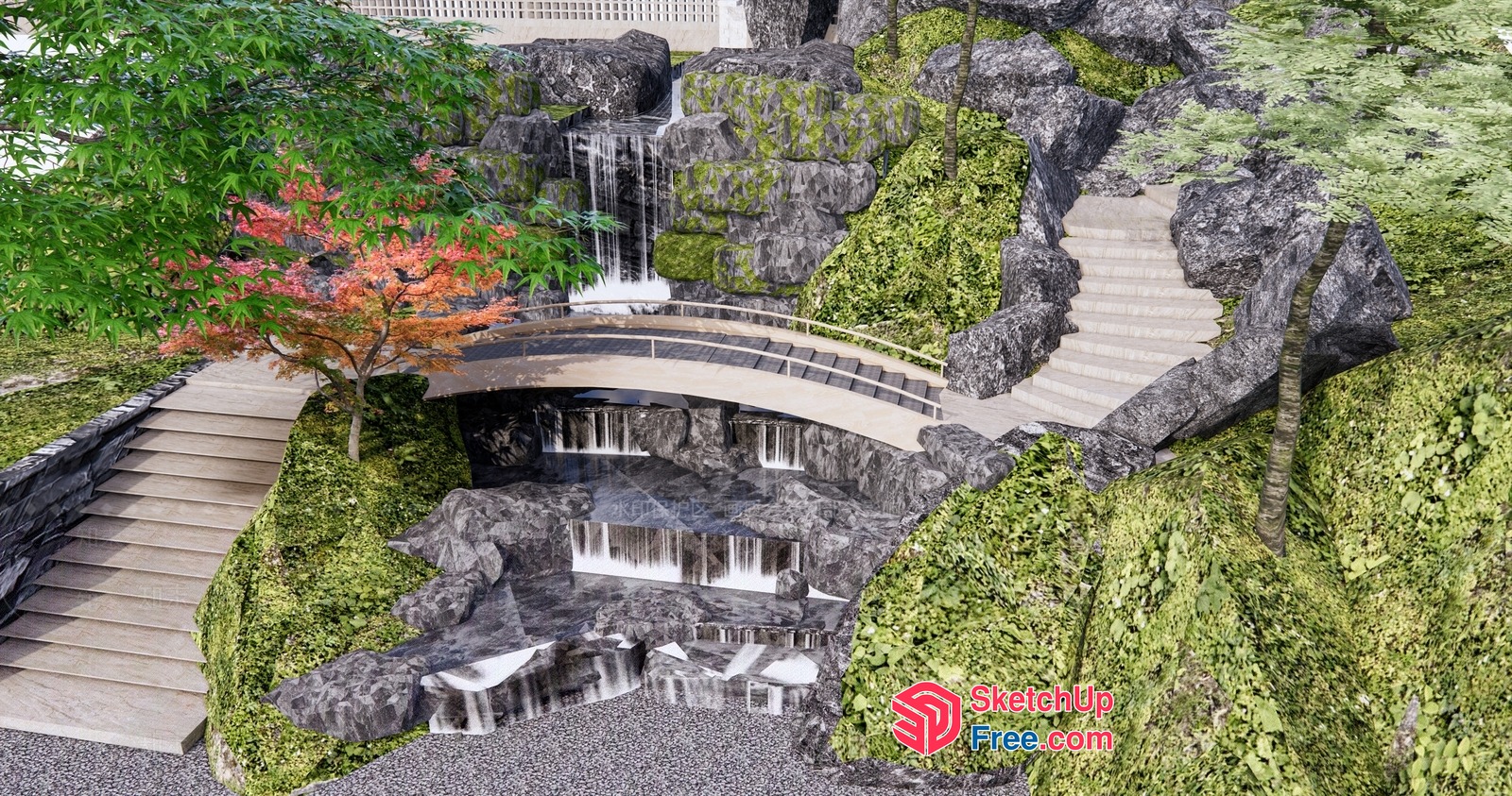 Serene Waterfall Staircase 3D SketchUp File