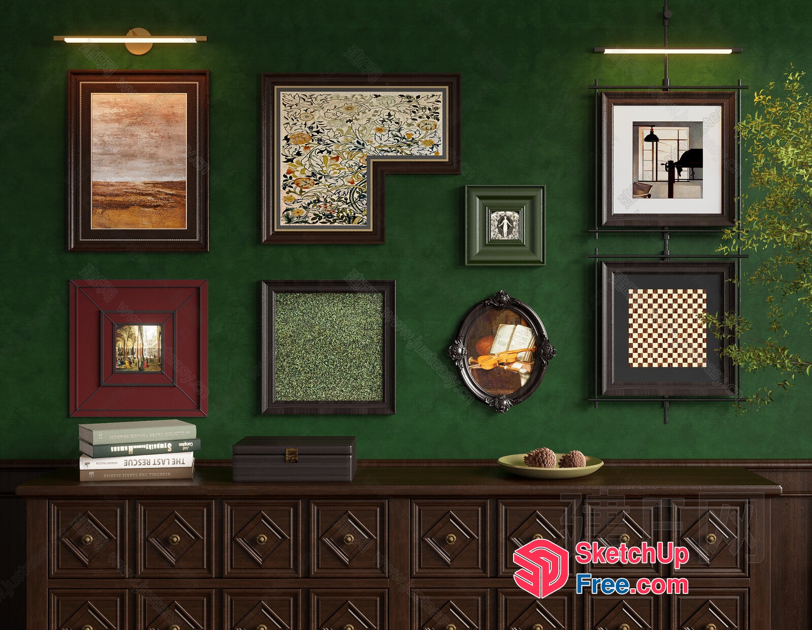 Vintage Artwork Display On Dark Green Wall 3D SketchUp File