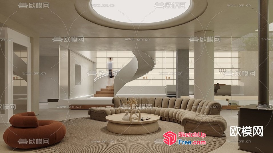 Modern Living Room With Staircase And Pillars 3D SketchUp File