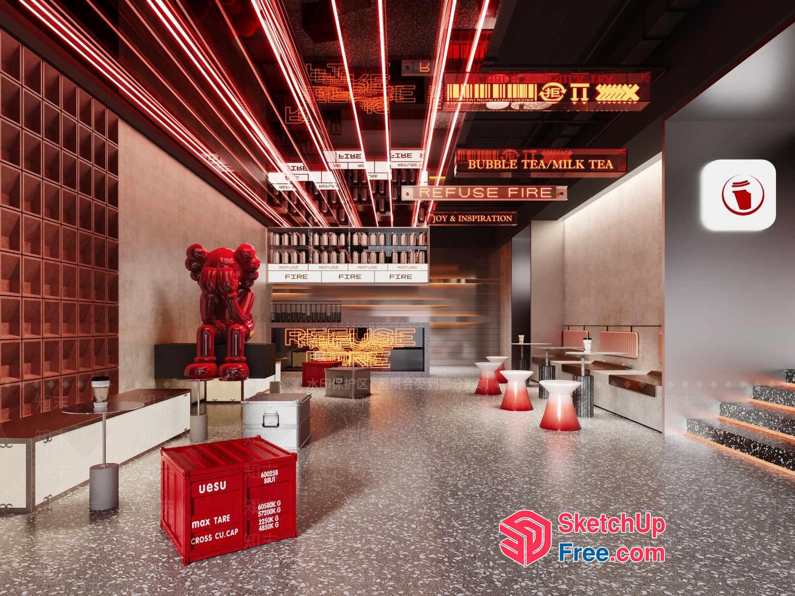 Modern Industrial-Style Interior With Red And White Accents 3D SketchUp File