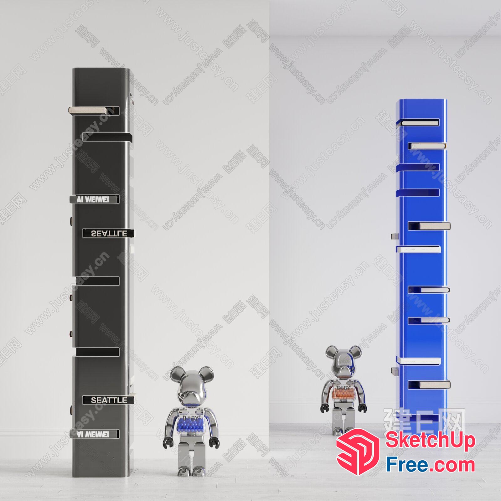 Tall Grey And Blue Pillars With Bear Decorations 3D SketchUp File
