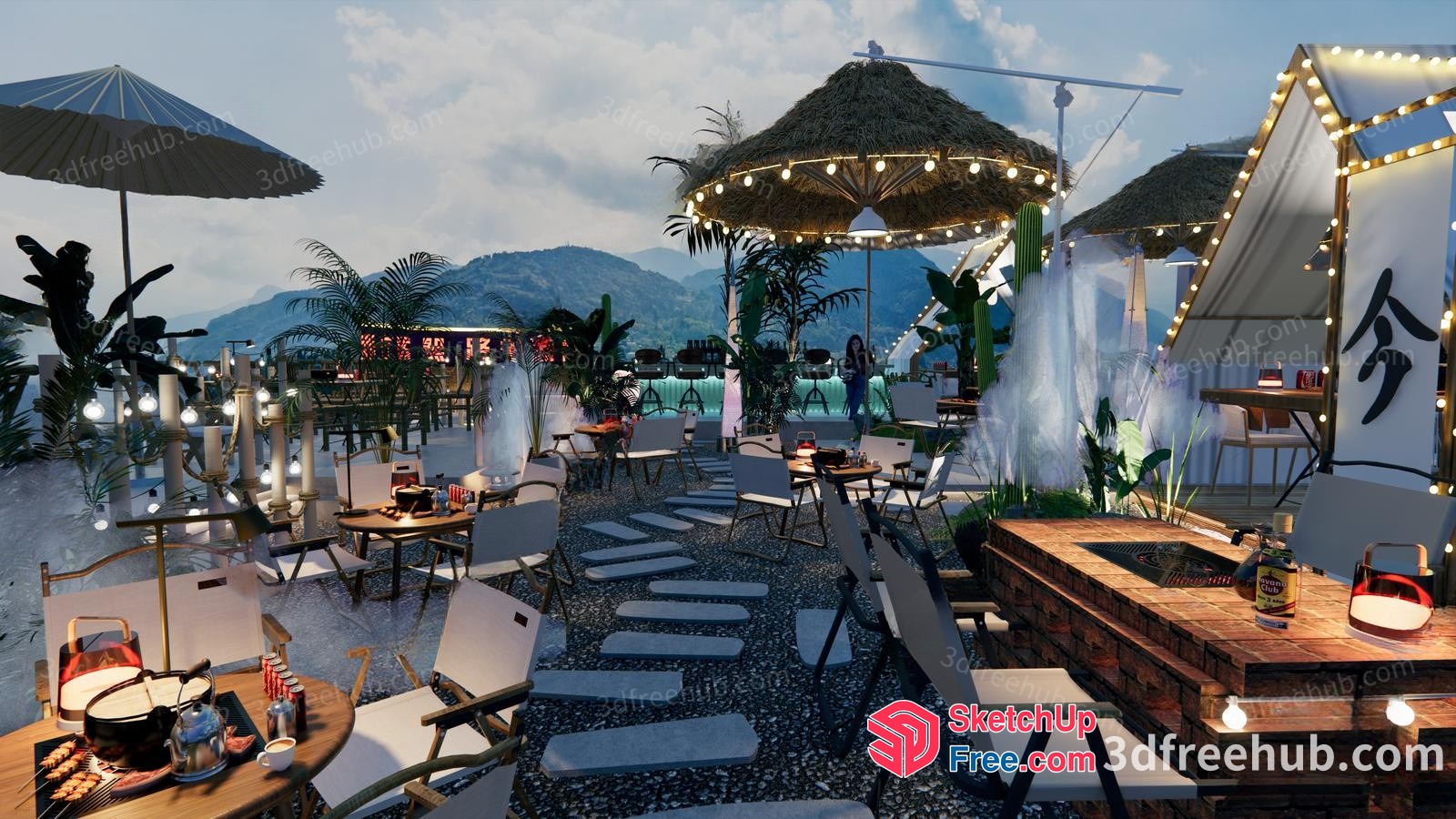 Tropical Outdoor Dining Area With Mountain View 3D SketchUp File