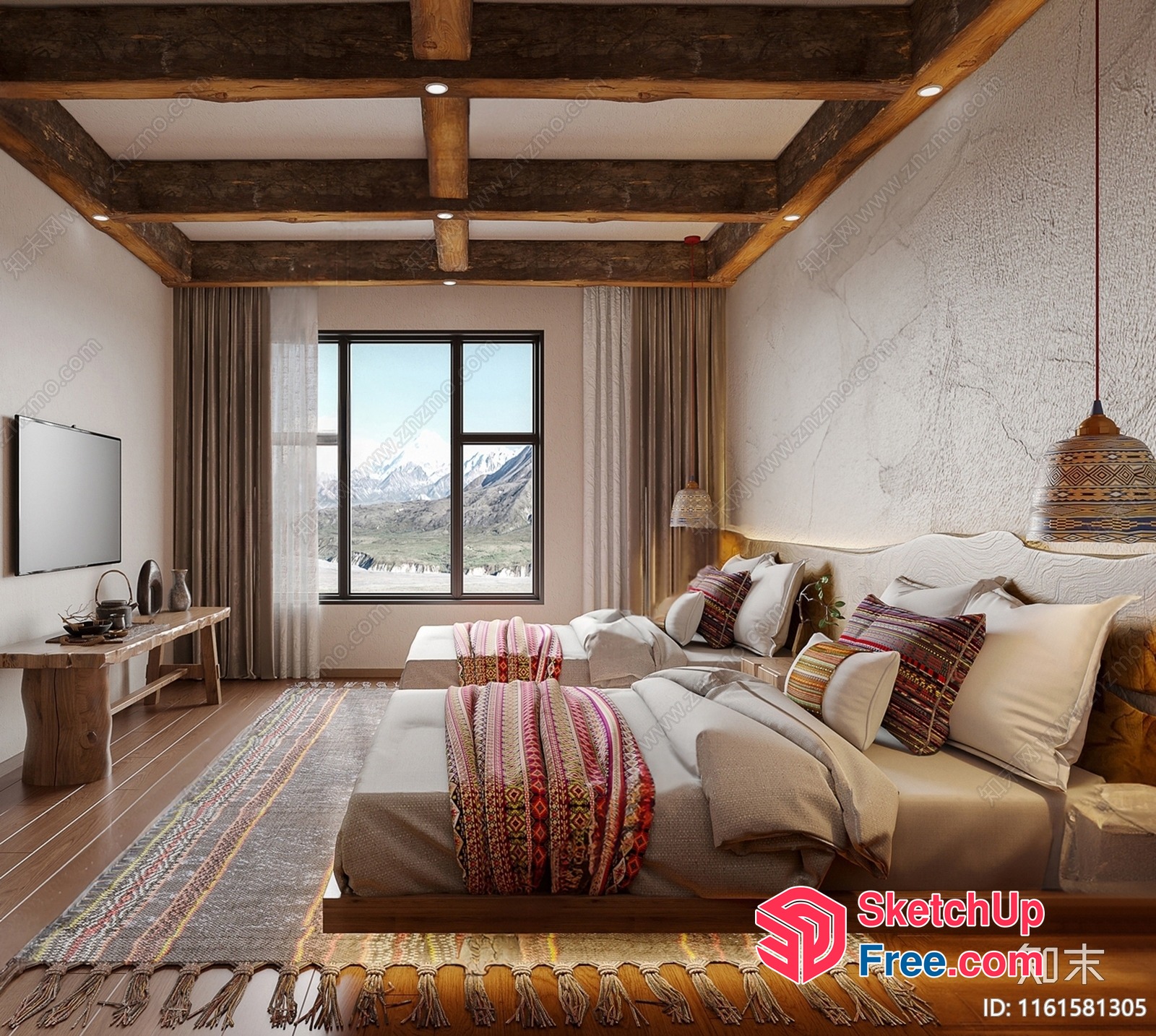 Modern Rustic Bedroom With Mountain View 3D SketchUp File