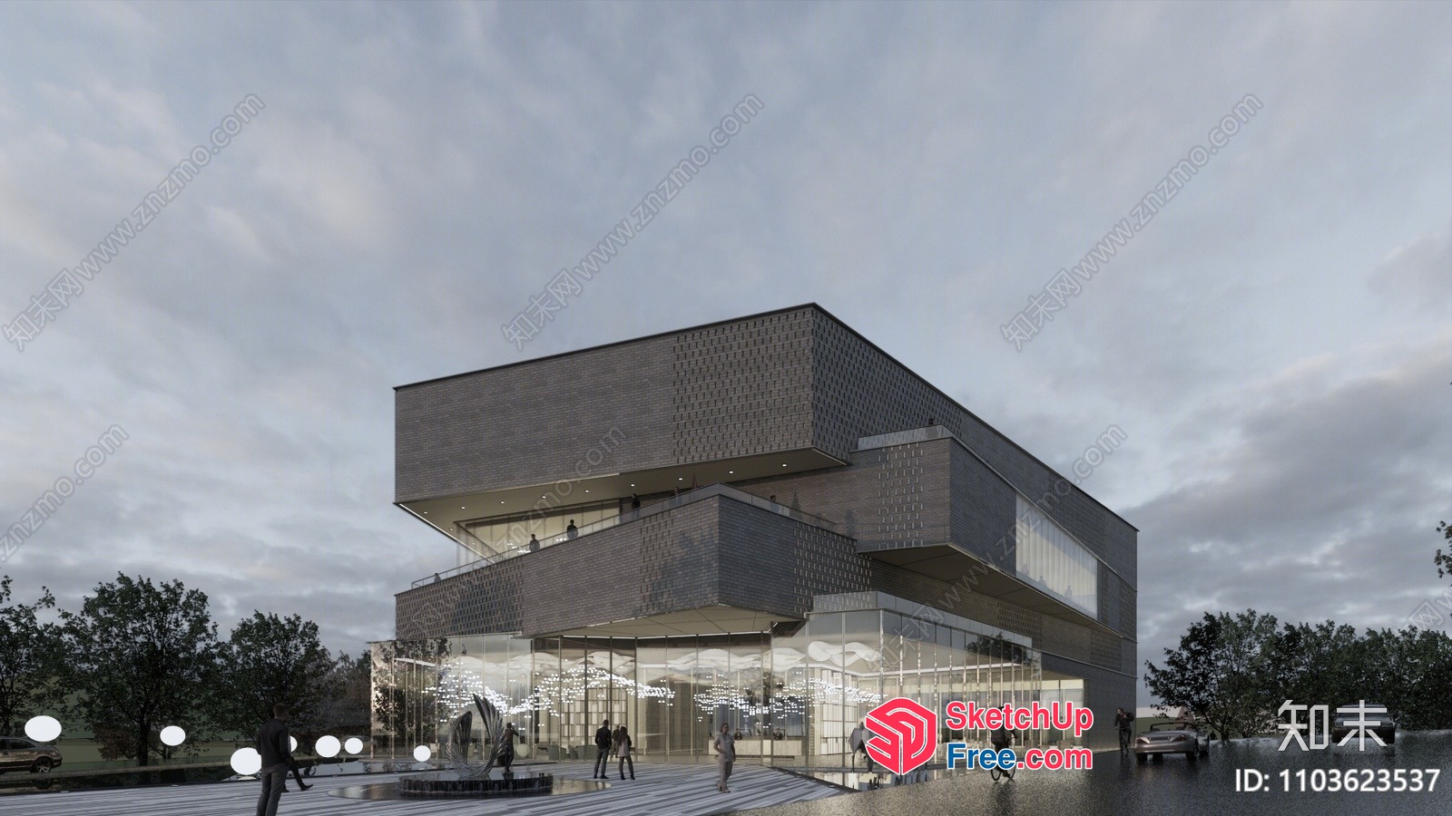 Modern Glass And Brick Commercial Street Building 3D SketchUp File