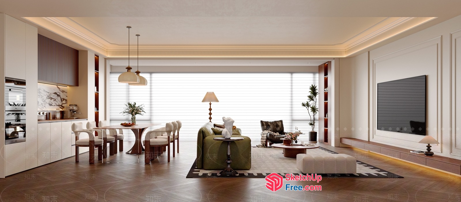Modern Elegant Living Room With Dining Area 3D SketchUp File