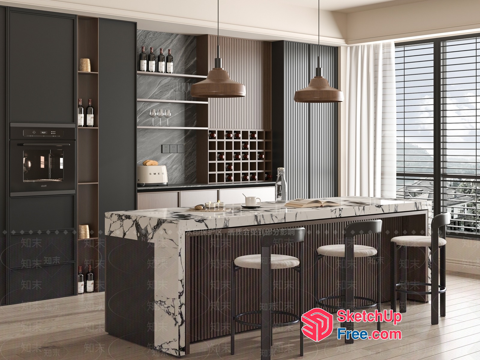 Modern Kitchen Island With Marble Countertops And Bar Stools 3D SketchUp File