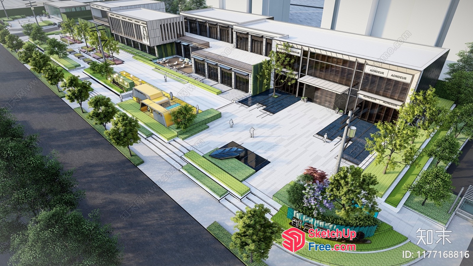 Modern Office Building With Glass Curtain Wall And Greenery 3D SketchUp File