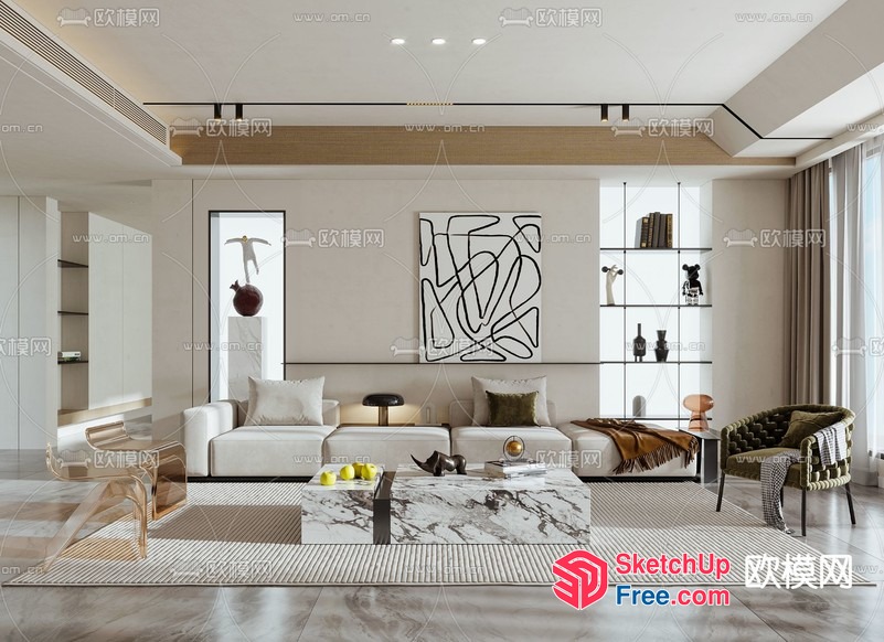 Modern Minimalist Living Room Interior With Neutral Color Scheme 3D SketchUp File