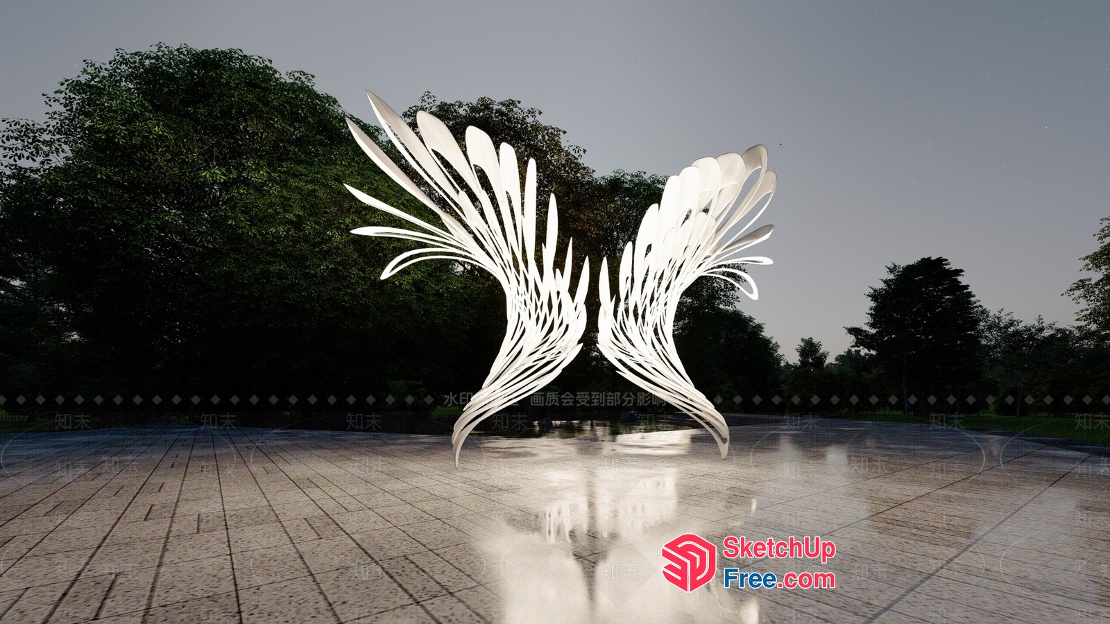 Elegant White Winged Sculpture In Outdoor Setting 3D SketchUp File