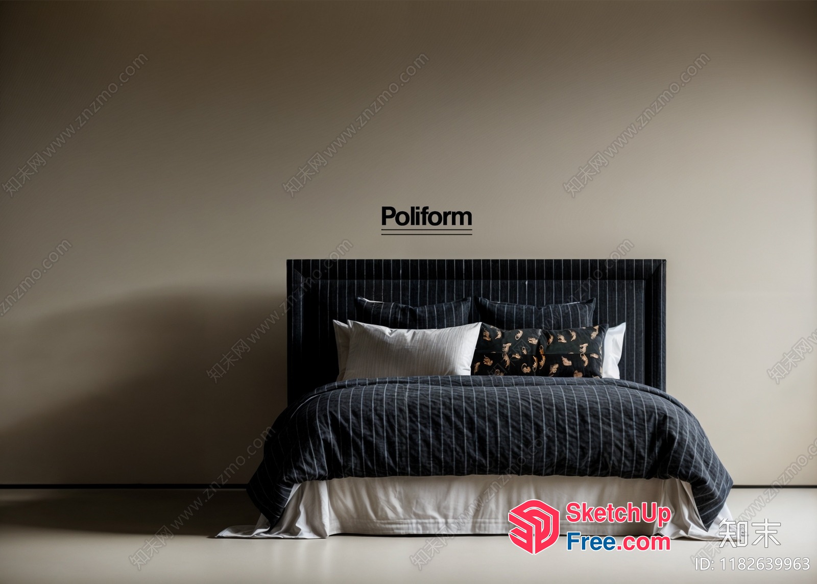 A Minimalist Bedroom With A Poliform Bed And Decorative Pillows 3D SketchUp File