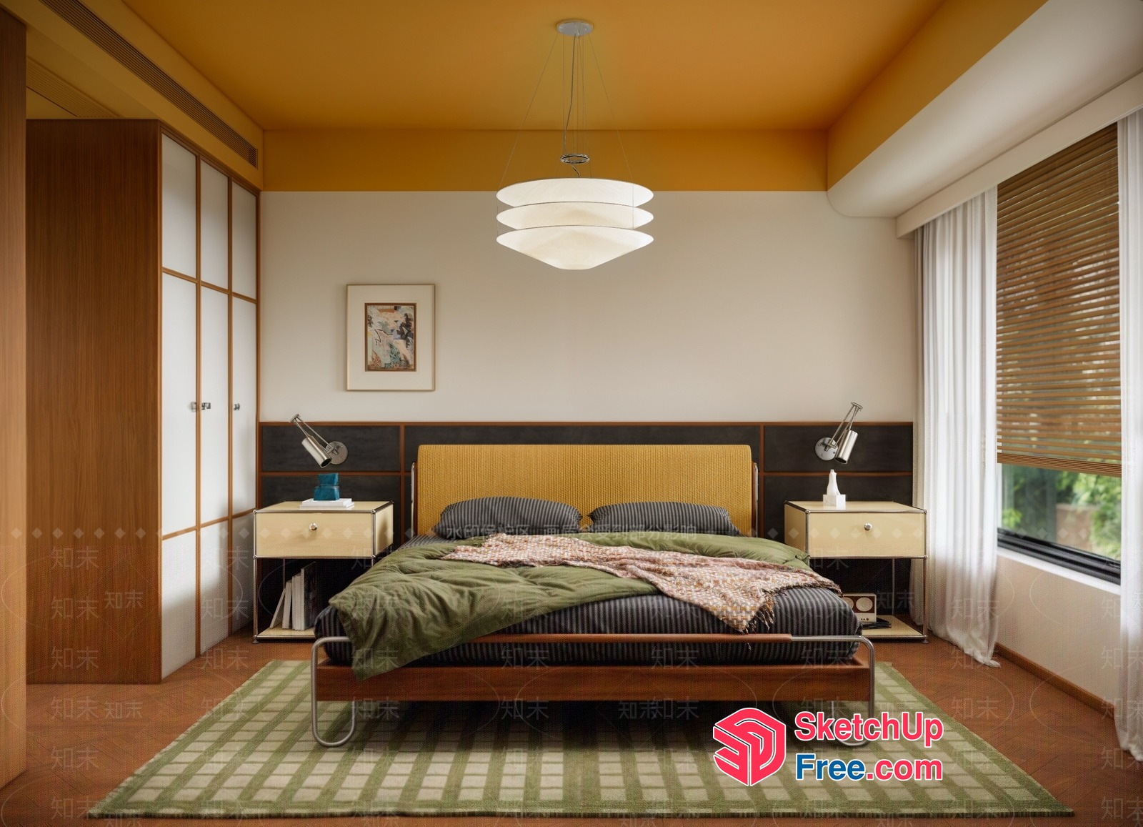 Modern Bedroom With Bed, Bedside Tables, And Green Rug 3D SketchUp File