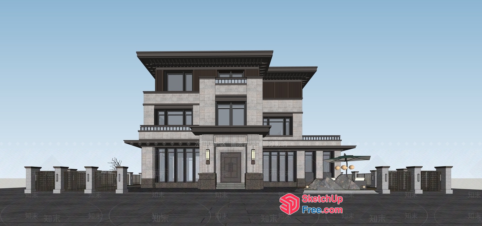 Asian-Inspired Villa With Balconies And Pillars 3D SketchUp File