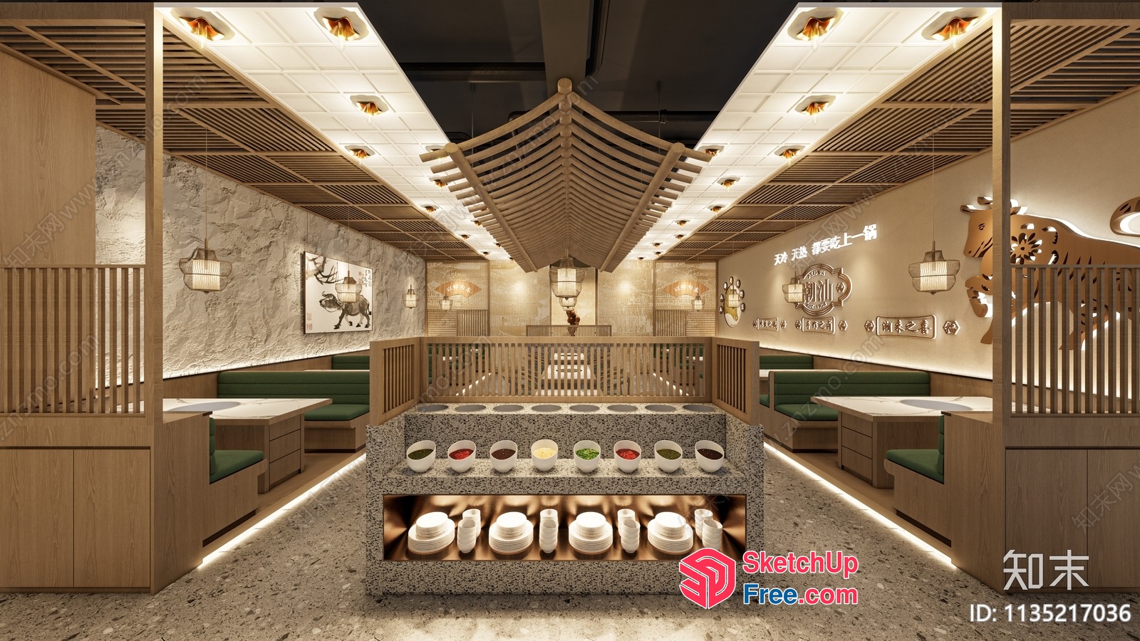 Traditional Asian Restaurant With Green Seating And Decorative Elements 3D SketchUp File