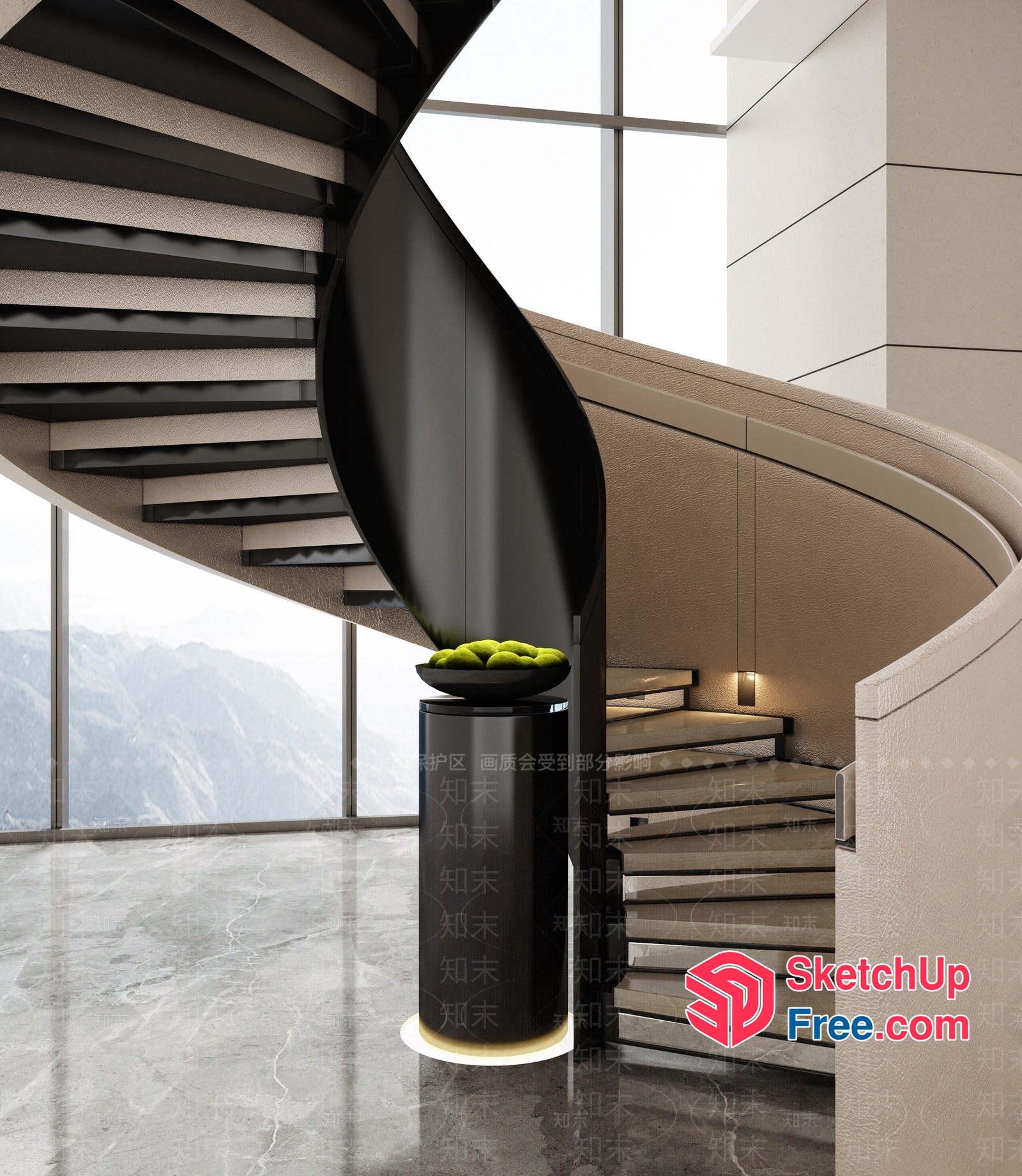 Sleek Modern Spiral Staircase With Elegant Black Pillar 3D SketchUp File