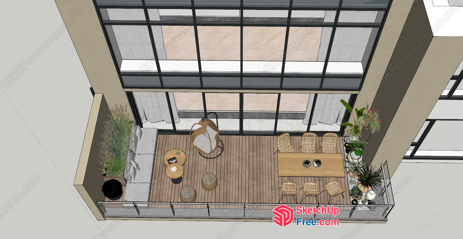 Modern Balcony With Glass Curtain Wall And Railing 3D SketchUp File