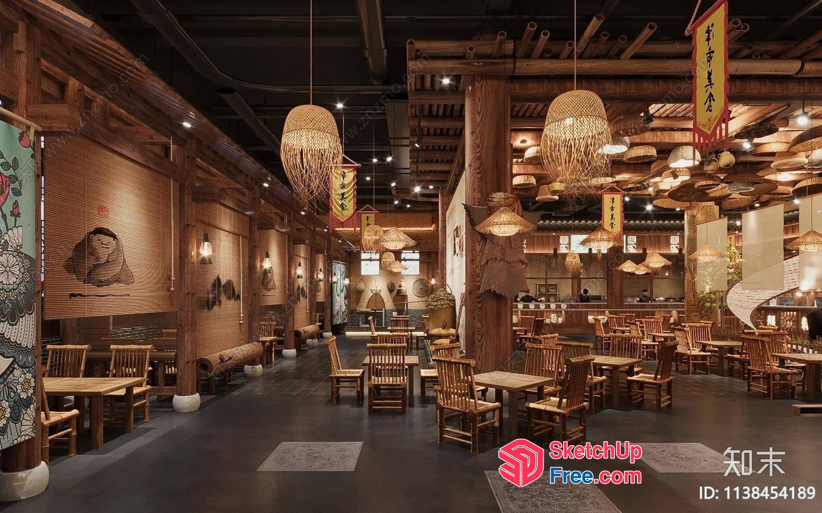 Traditional Asian Restaurant Interior With Natural Materials 3D SketchUp File