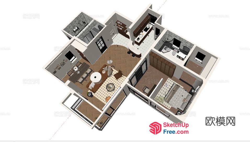 3D Floor Plan Of A Modern Home With Minimalist Decor 3D SketchUp File