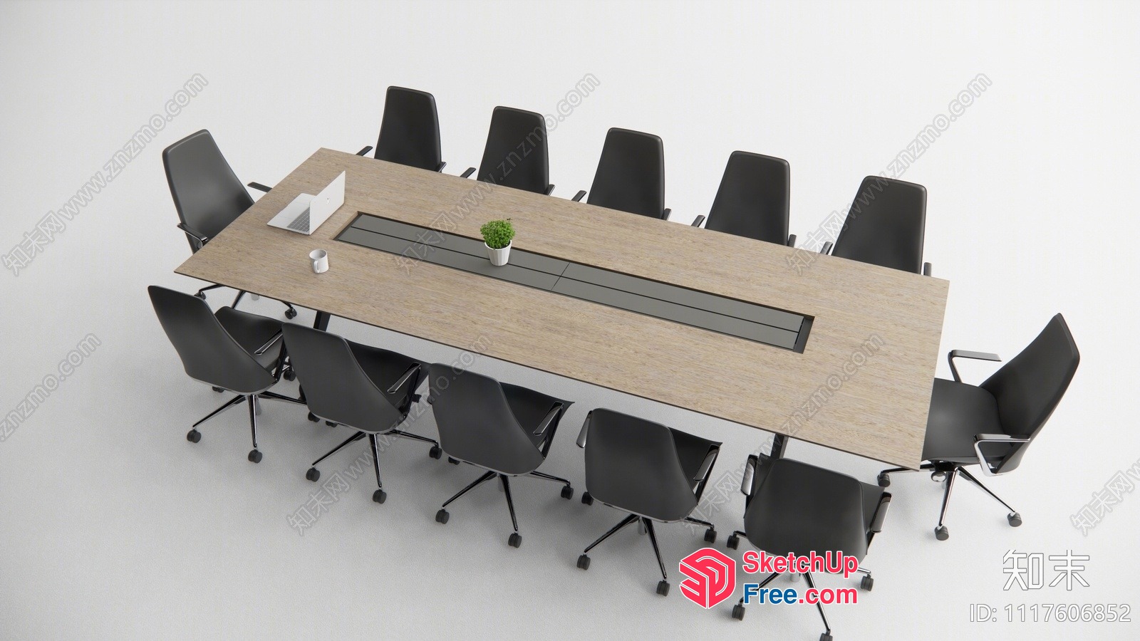 Long Conference Table With Black Chairs And Light Wood Finish 3D SketchUp File
