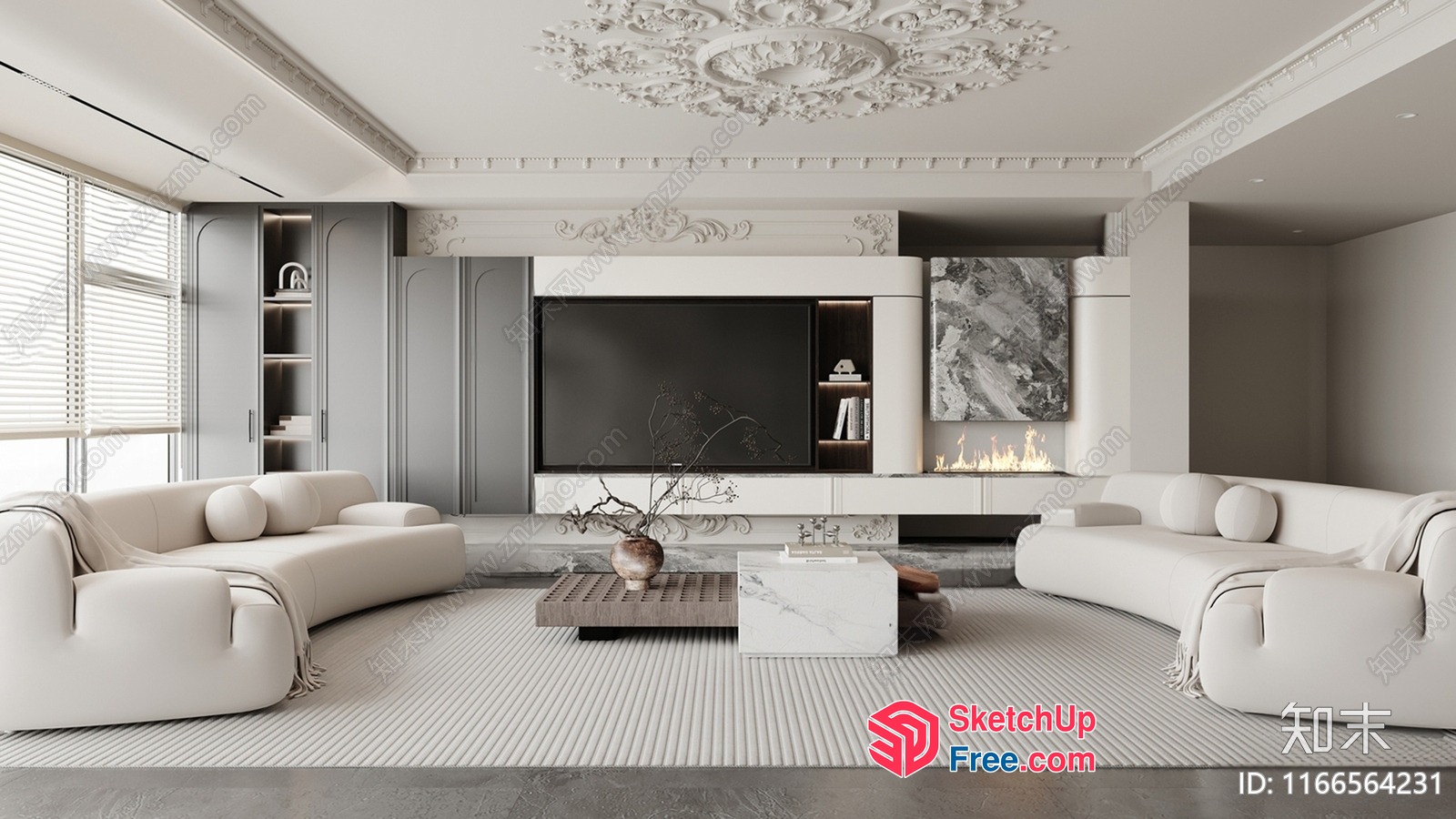 Luxurious Modern Living Room With Ornate Ceiling 3D SketchUp File