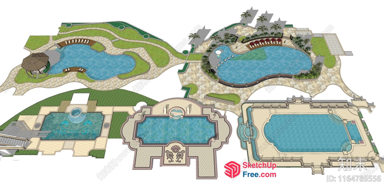 Aerial View Of A Luxurious Villa With Multiple Swimming Pools And Water Features 3D SketchUp File