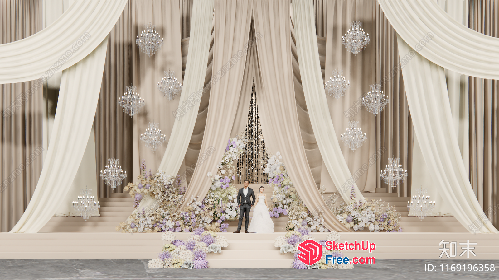Luxurious Wedding Stage With Elegant Floral Arrangements And Ornate Chandeliers 3D SketchUp File