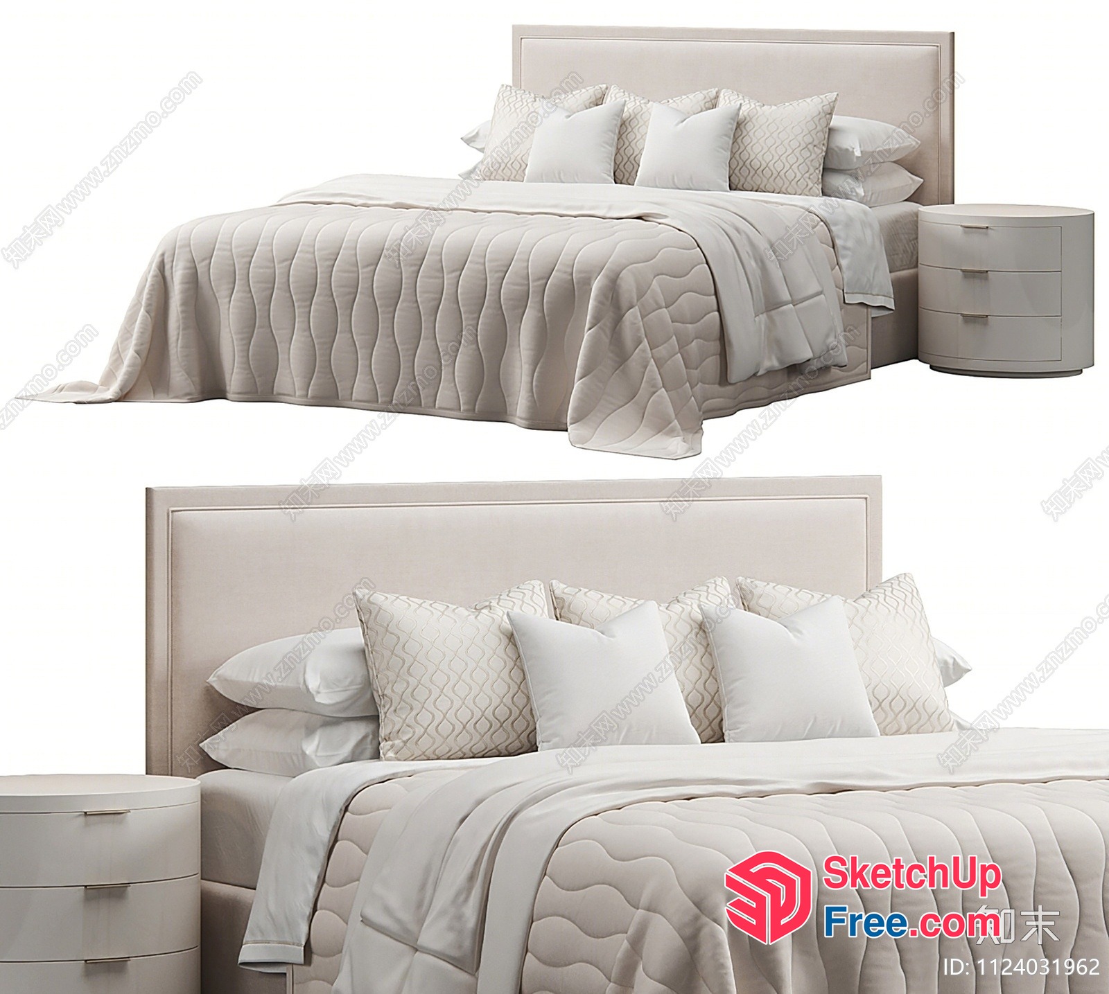 Elegant Creamy Style Bed Head Tab And Bedside Table 3D SketchUp File