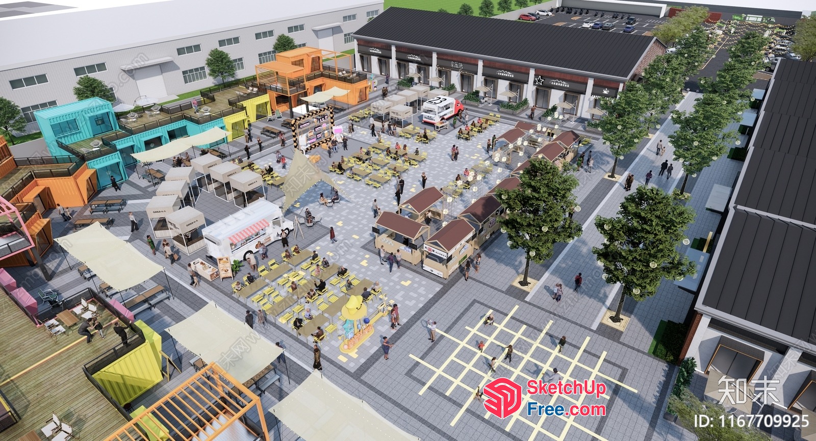 Modern Commercial Street With Food Trucks And Outdoor Seating 3D SketchUp File