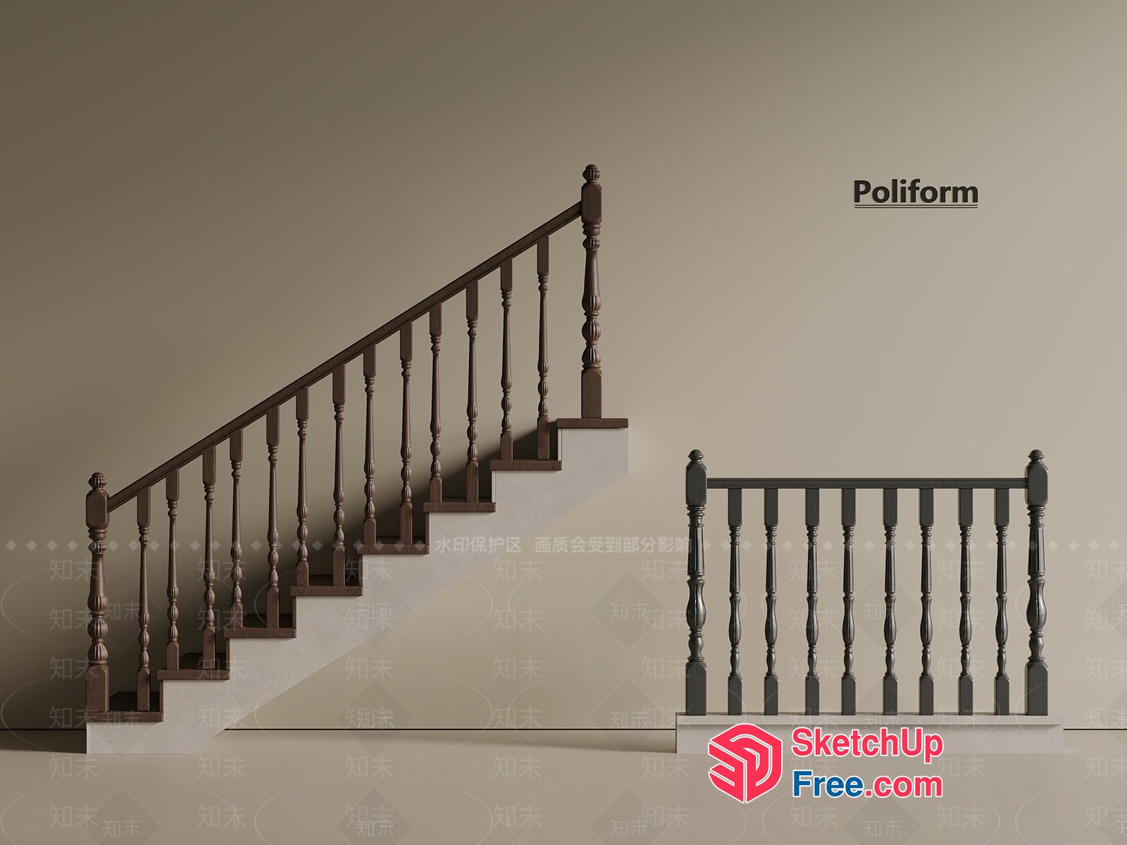 Ornate Wooden Staircase With Railing 3D SketchUp File