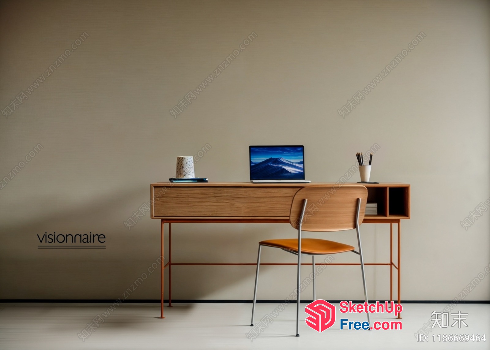 Minimalist Office Interior With Wooden Desk And Chair 3D SketchUp File