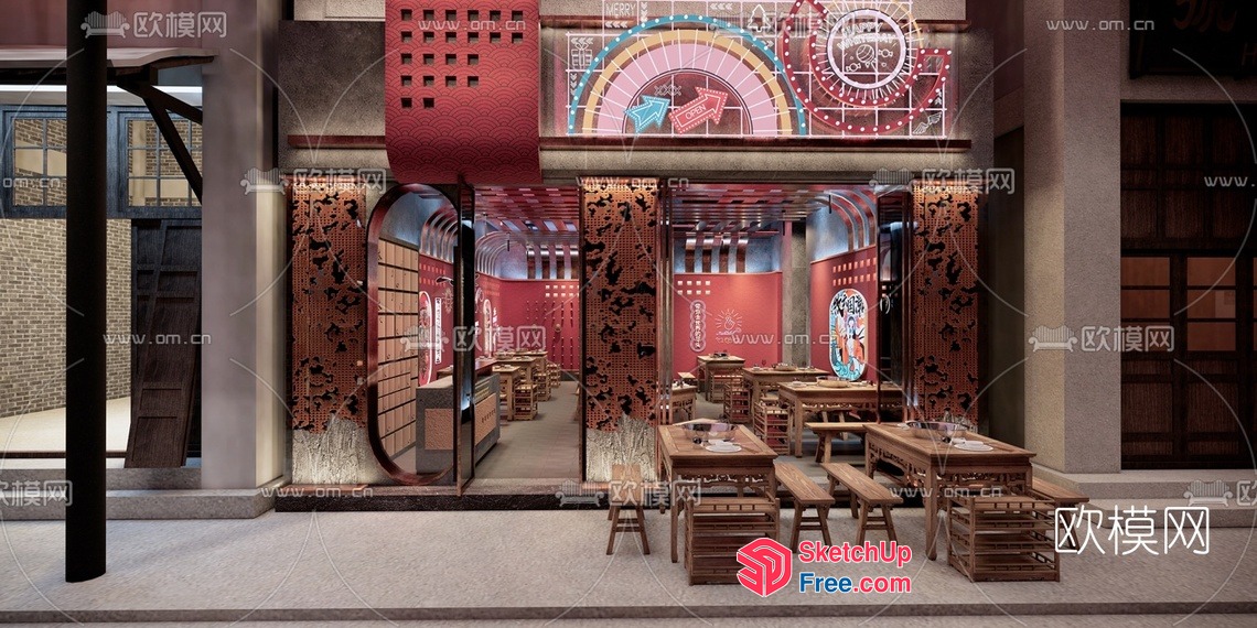 Chinese Restaurant Interior With Traditional Decor 3D SketchUp File