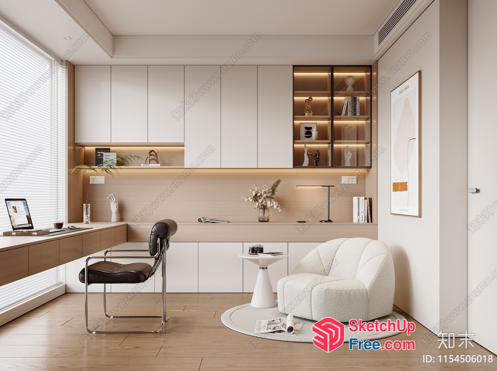 Modern Minimalist Study Room With White And Wood Accents 3D SketchUp File