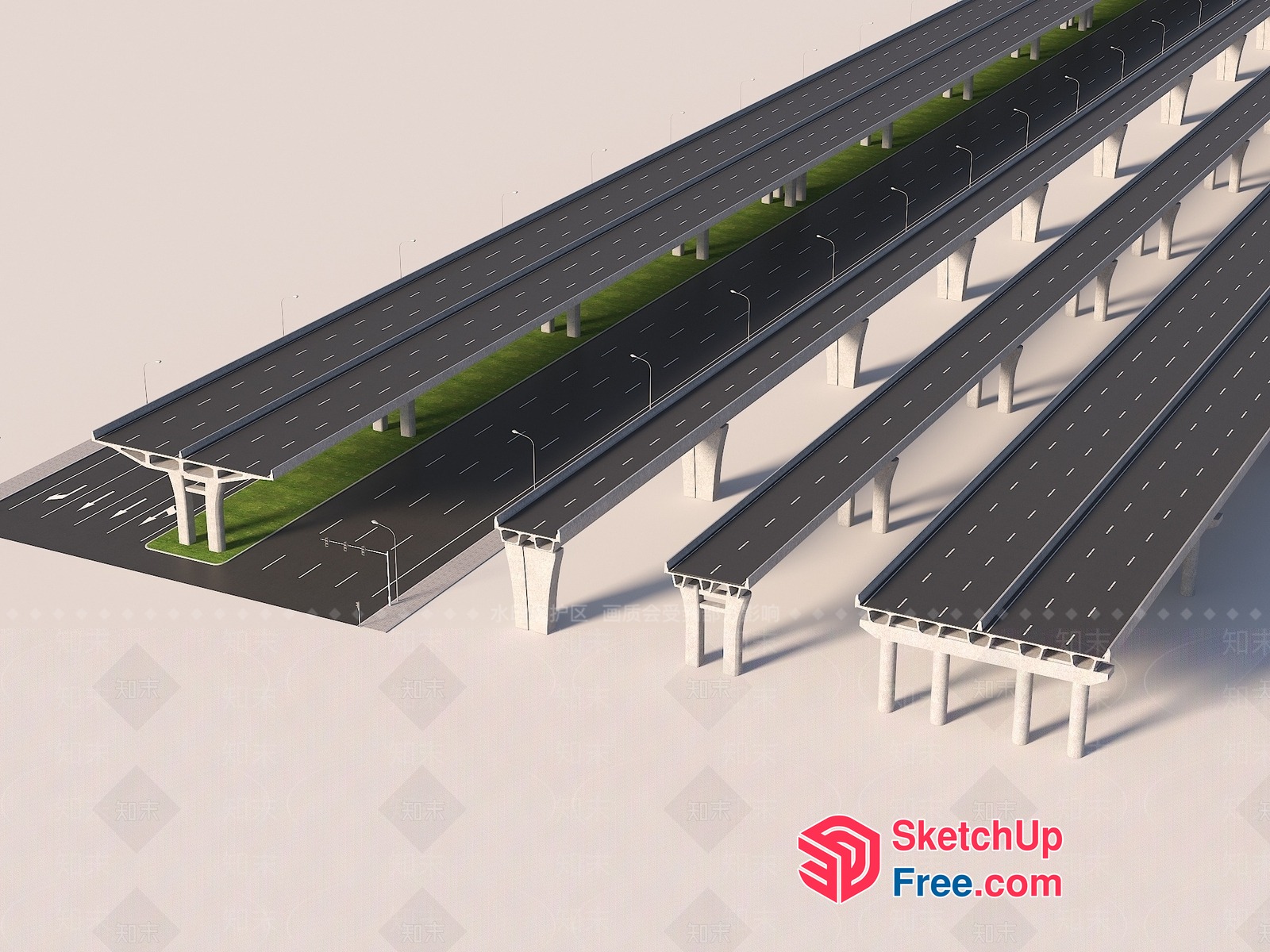 Elevated Highway Overpass With Multiple Lanes And Pillars 3D SketchUp File