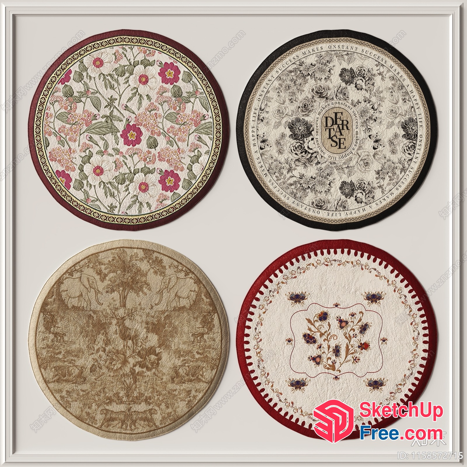 Four Floral Patterns On Round Decorative Mats 3D SketchUp File