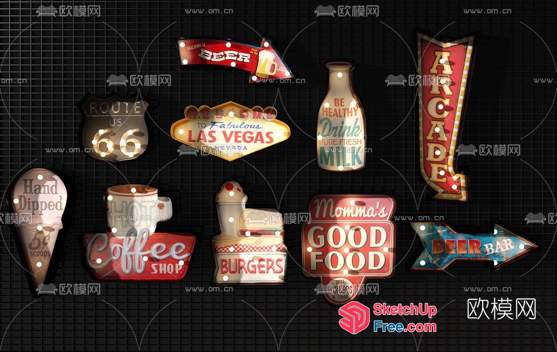 Vintage American Style Restaurant Signage 3D SketchUp File