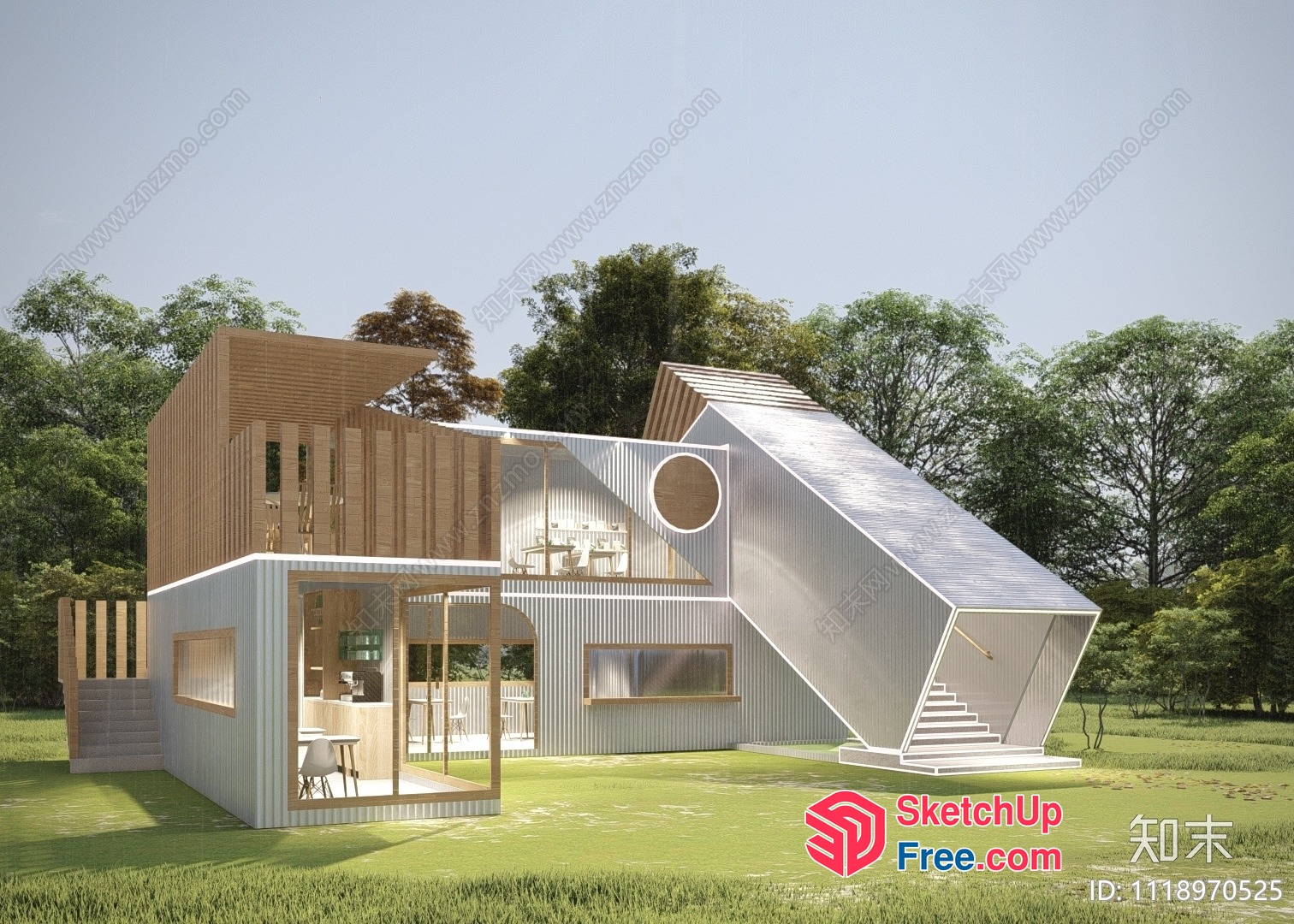 Modern Japanese-Style Home With Unique Staircase And Large Windows 3D SketchUp File