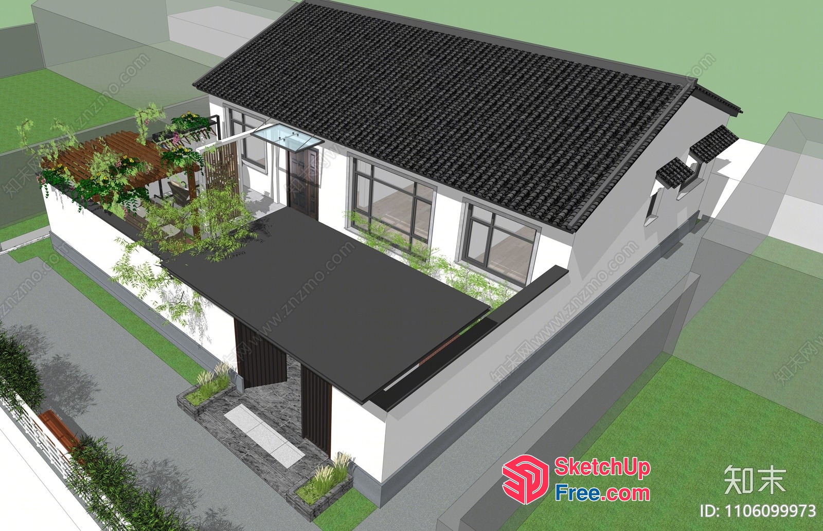 Japanese Style Villa With Roof Synthesis And Exterior Decor 3D SketchUp File