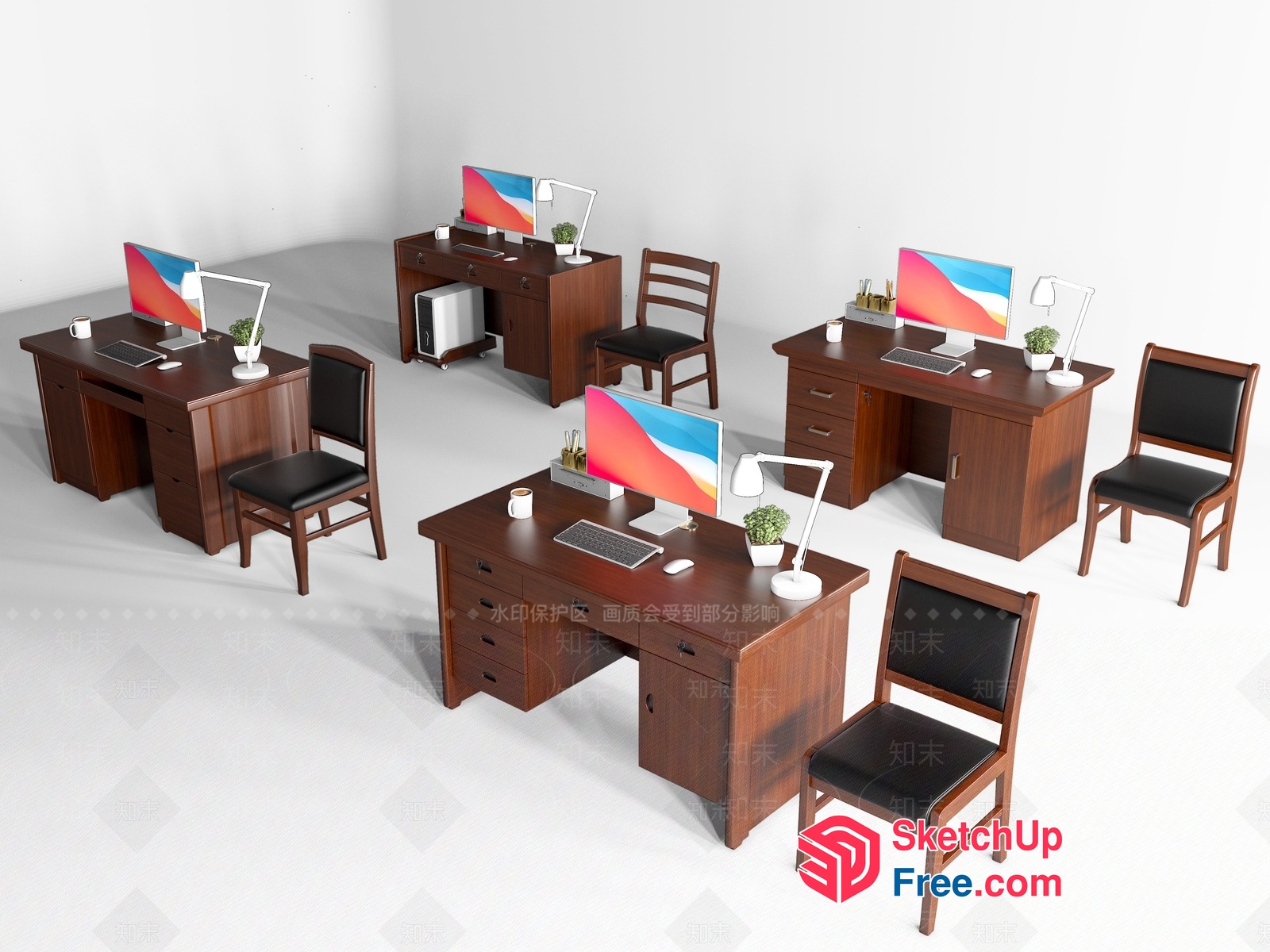 Modern Office Desks With Monitors And Chairs 3D SketchUp File