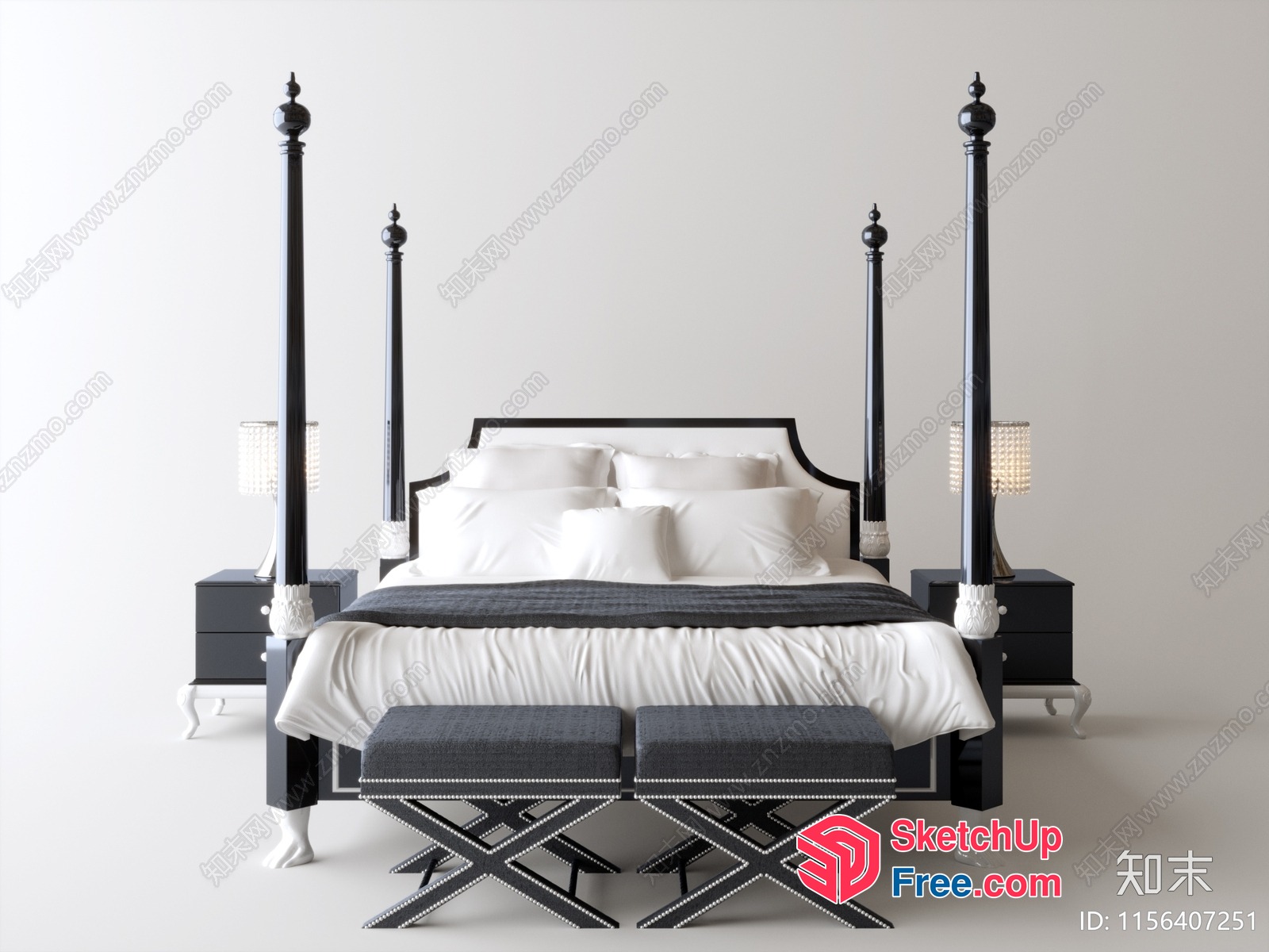 Black And White Four-Poster Bed 3D SketchUp File