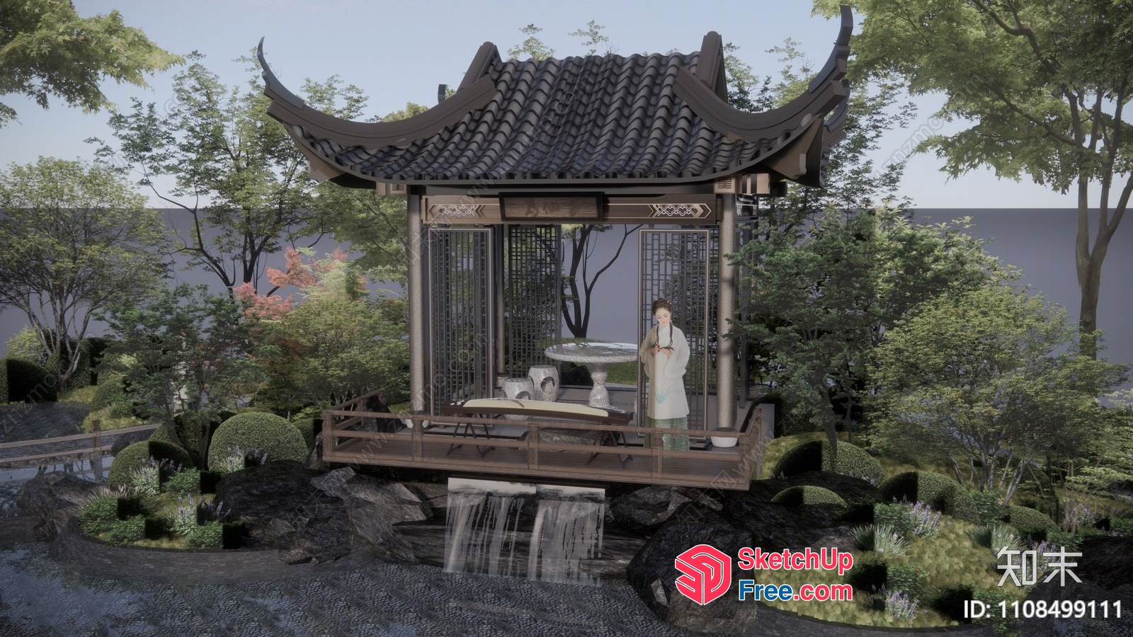 Traditional Asian Pavilion With Elegant Roof And Water Feature 3D SketchUp File