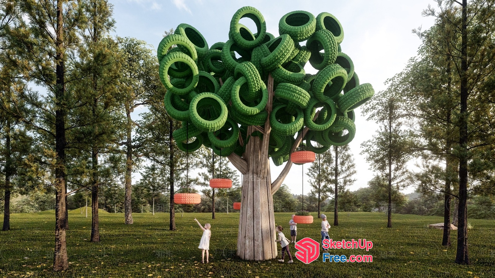Vibrant Playground Tree With Hanging Tires 3D SketchUp File
