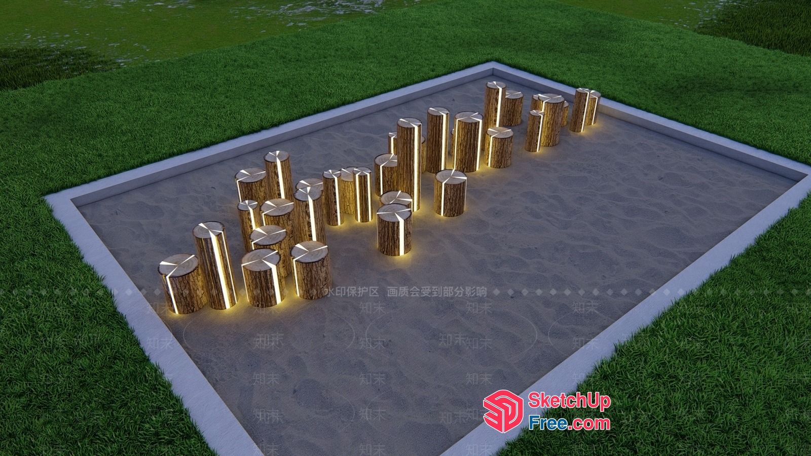 Outdoor Illuminated Stumps In A Square Concrete Enclosure 3D SketchUp File